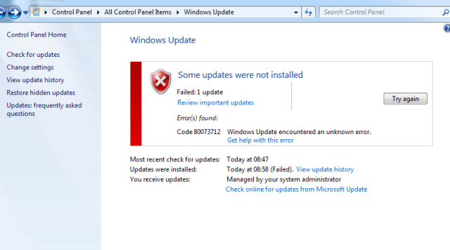 Error de actualización de Windows 0x80073712